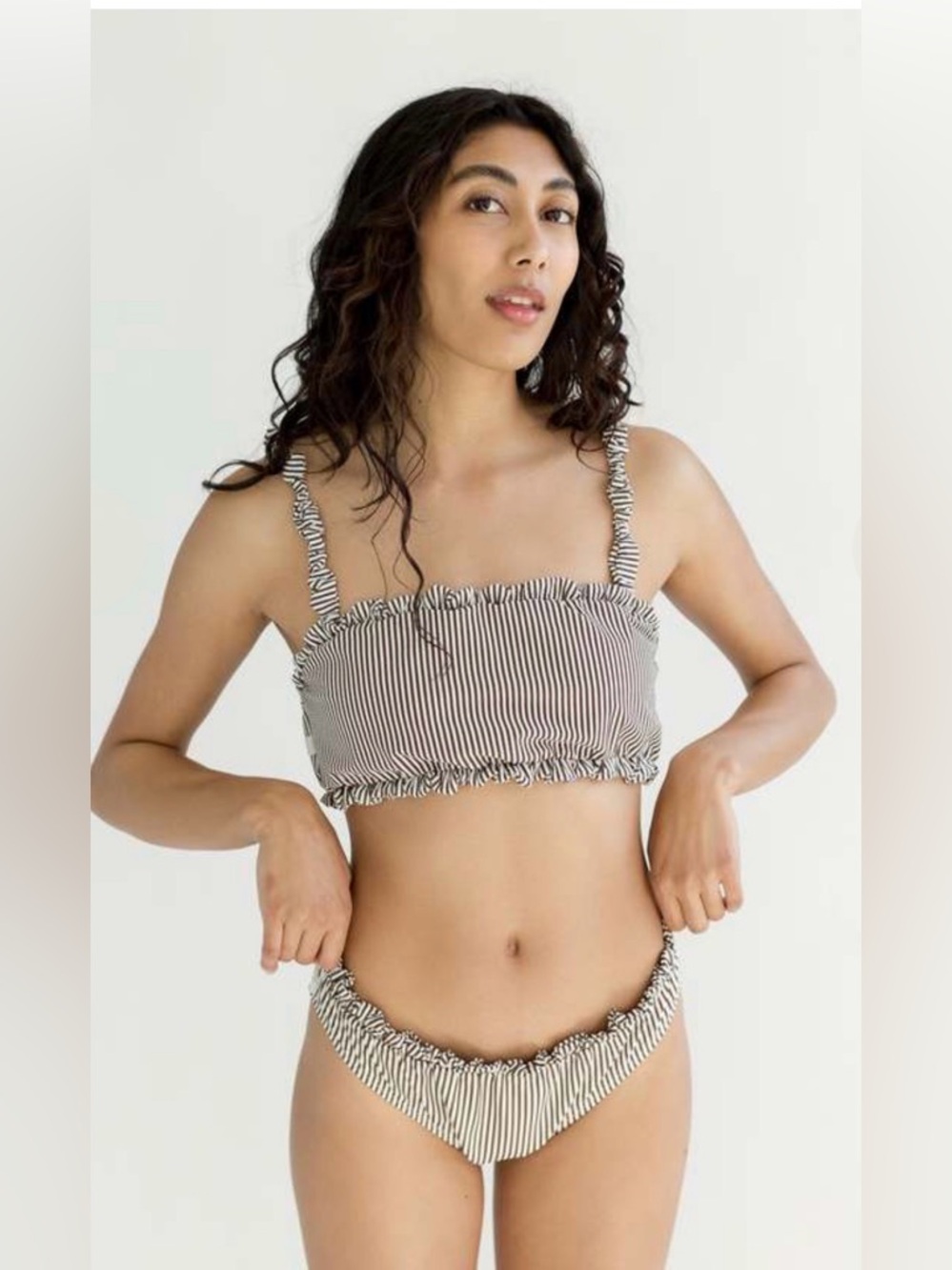 GANNI Striped Ruffle Bikini swim panty Bottom Brown & White Egret style A4110